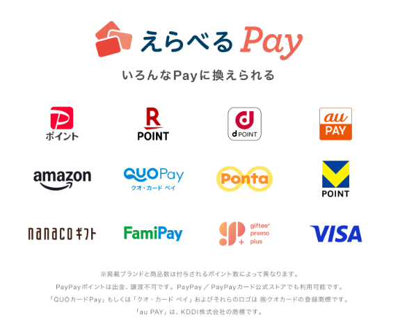 えらべる Pay いろんなPayに換えられる　PayPayポイント、楽天ポイント、dポイント、au PAY　※掲載ブランドと商品数は付与されるポイント数によって異なります。PayPayポイントは出金、譲渡不可です。PayPay / PayPayカード公式ストアでも利用可能です。「au PAY」は、KDDI株式会社の商標です。